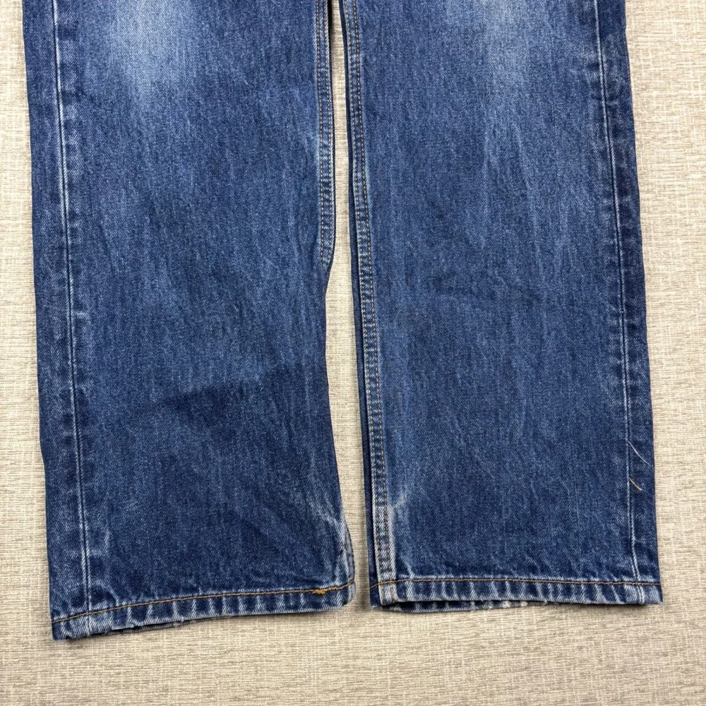 Levis 505 Mens 34x29 Jeans Medium Dark Washed Denim Grungy Low Knee Fading